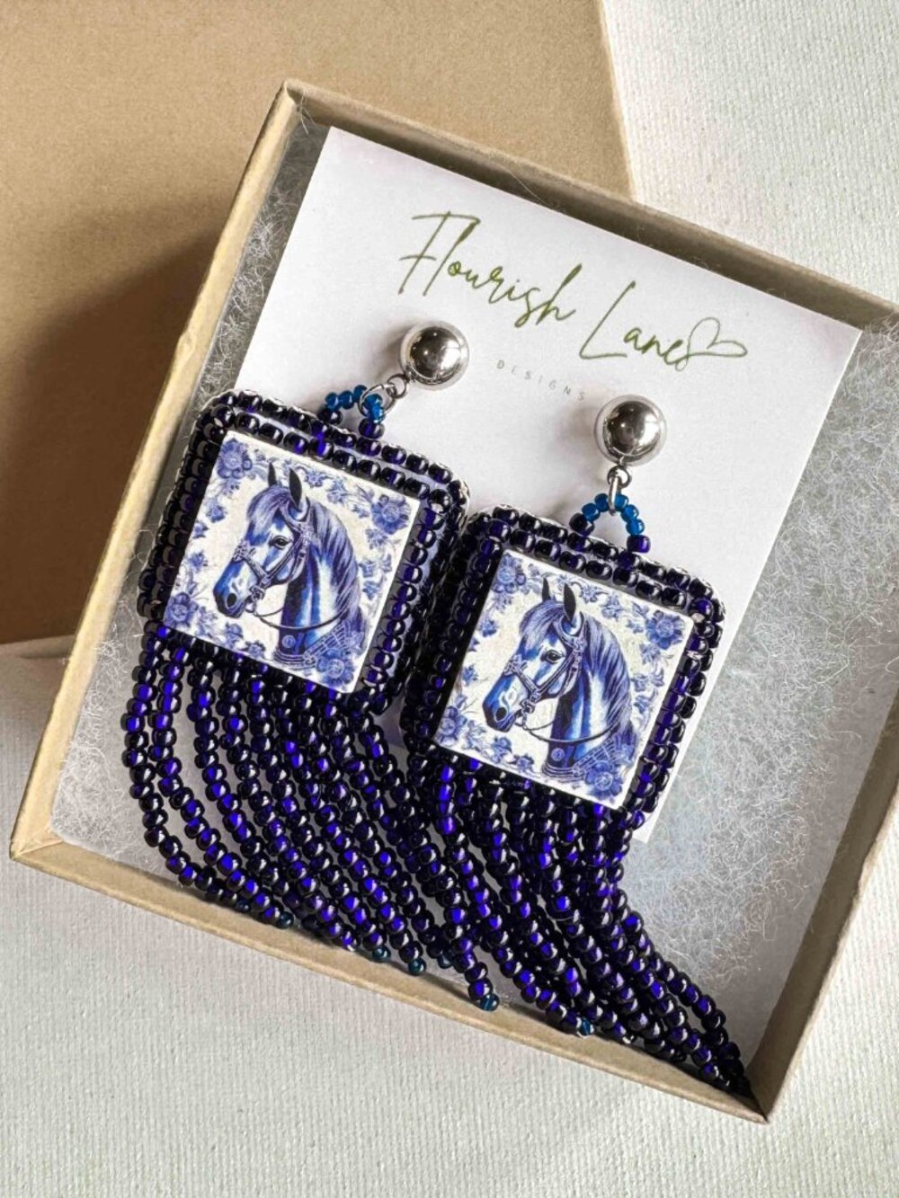 Handmade Blue Horse Ceramic Fringe Statement Earrings - Picture 10 of 10